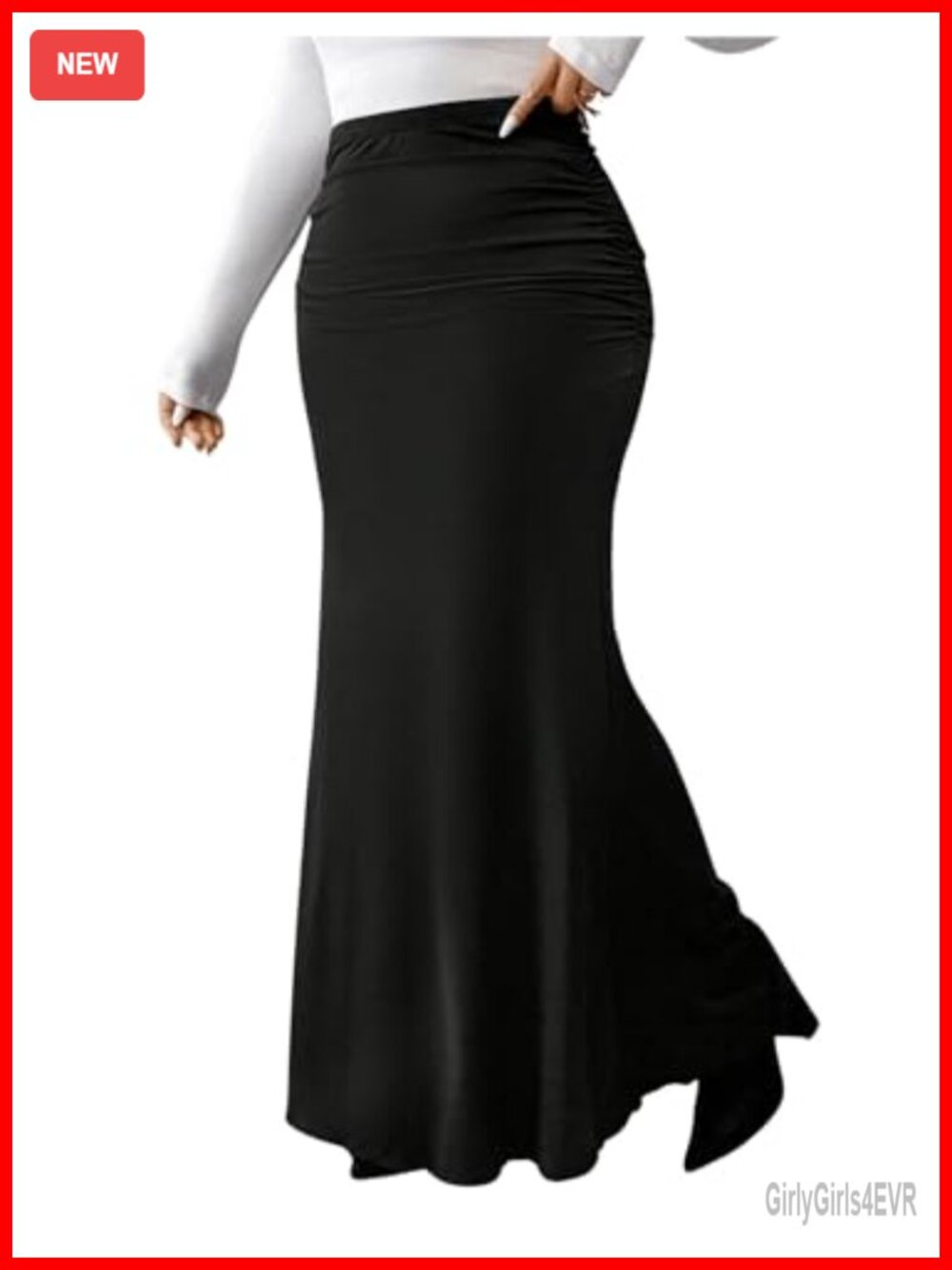 Plus Size Ruched Bodycon Maxi Skirt Fishtail Hem High Waist